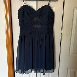 Max and Cleo Strapless Blue Dress with Mesh and Tan Detail